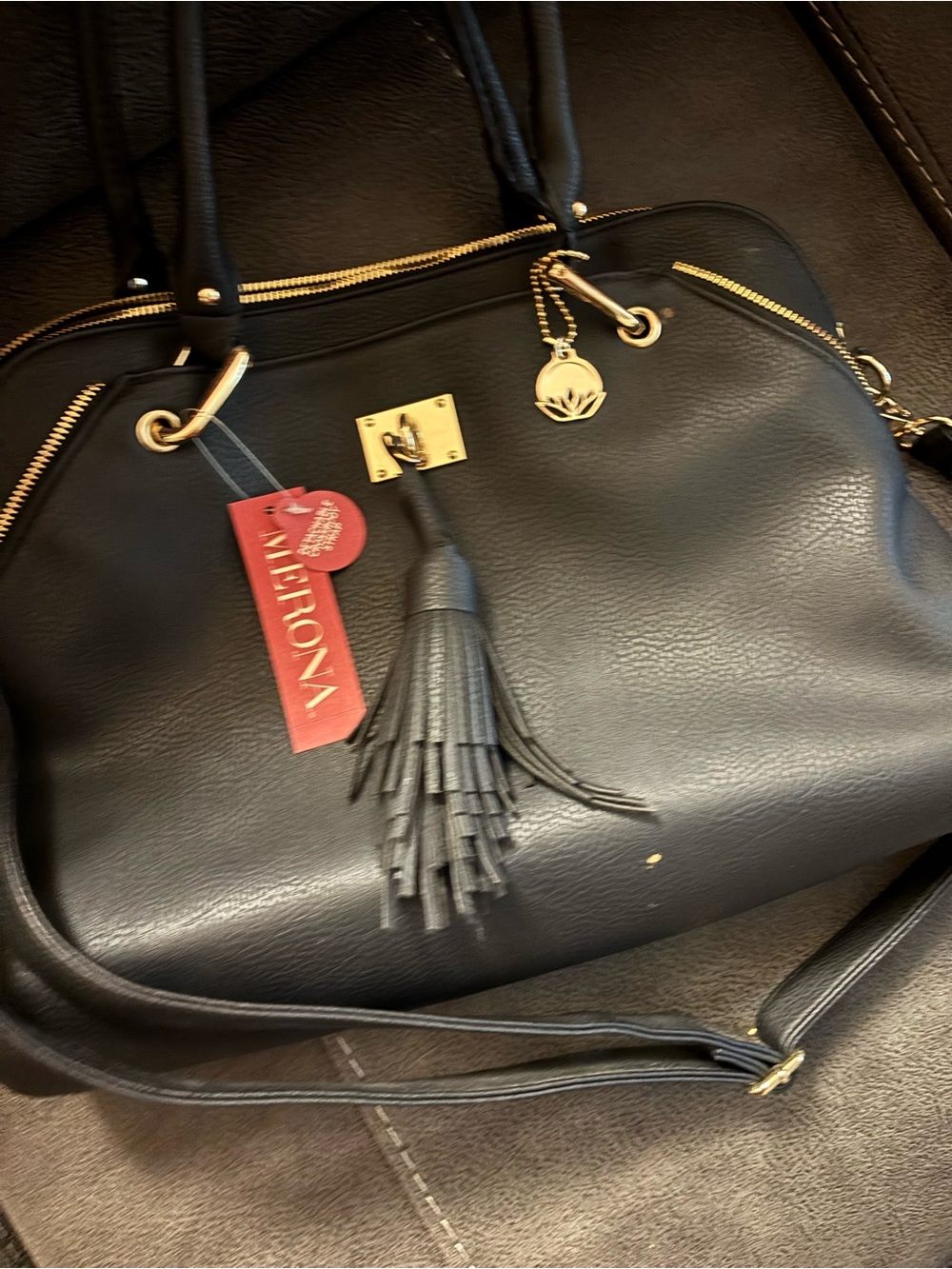 Merona Black Shoulder Satchel with Tassel and Gold Accents